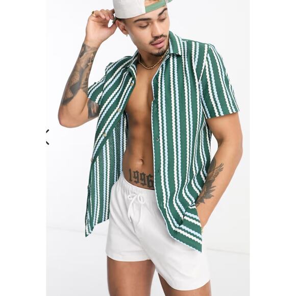ASOS DESIGN Green Knitted Stripe Revere Shirt Medium - Picture 10 of 10